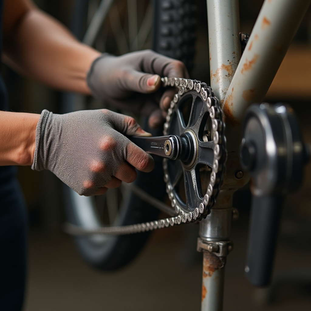 Zbliżenie na dłonie mechanika regulującego łańcuch roweru na stojaku serwisowym
